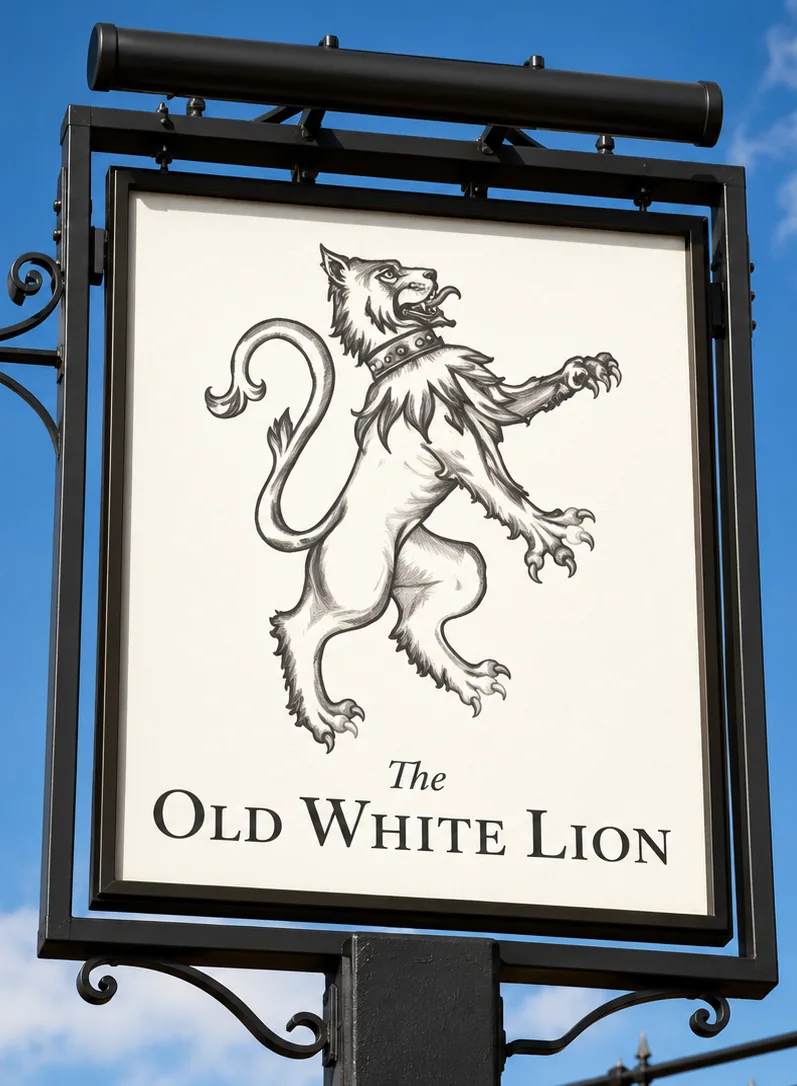 The Old White Lion pub sign featuring an illustrated heraldic lion