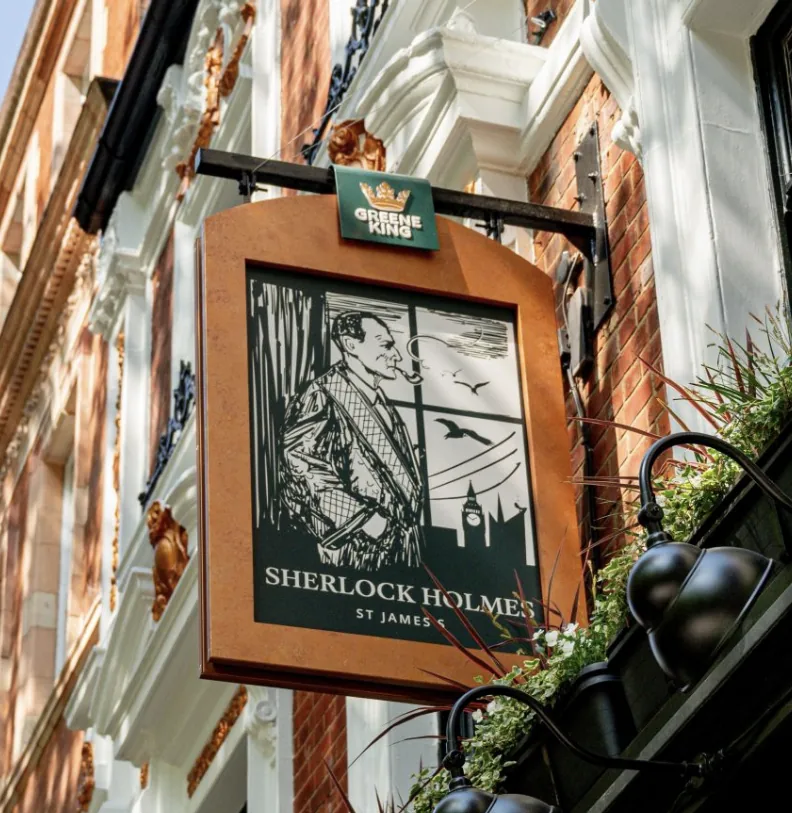 Sherlock Holmes pub sign with an illustrated London street scene